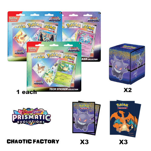 Pokemon TCG Prismatic Evolutions Tech Sticker Blister Set + Accessory Bundle